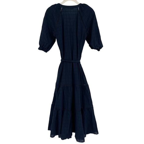 Madewell Tie Waist Tiered Midi Dress in Windowpane Navy Blue Size 0 NWOT - Picture 7 of 8